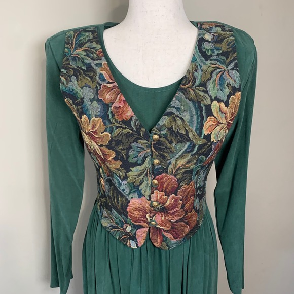 VTG Carol Anderson Green Dress with with Tapestry Bodice Size 6 - Picture 4 of 15